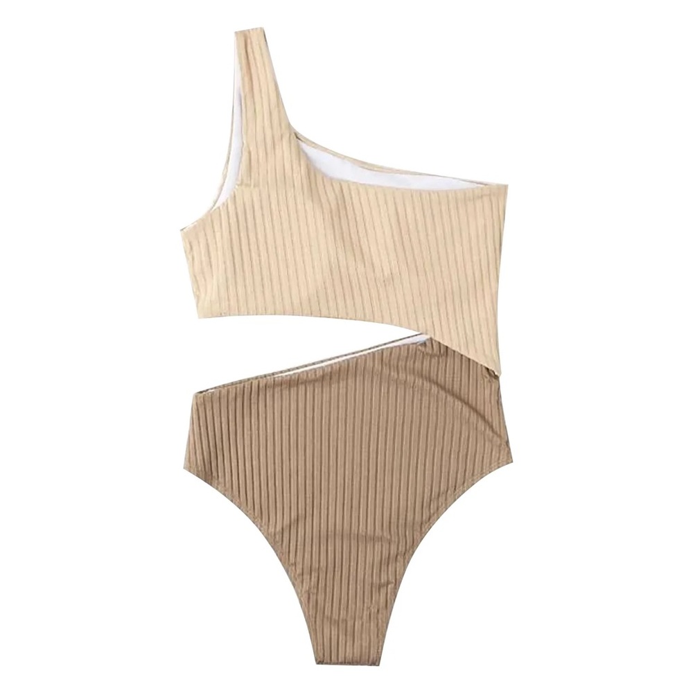 Ribbed One-Shoulder Cutout Swimsuit - Beige & Tan
